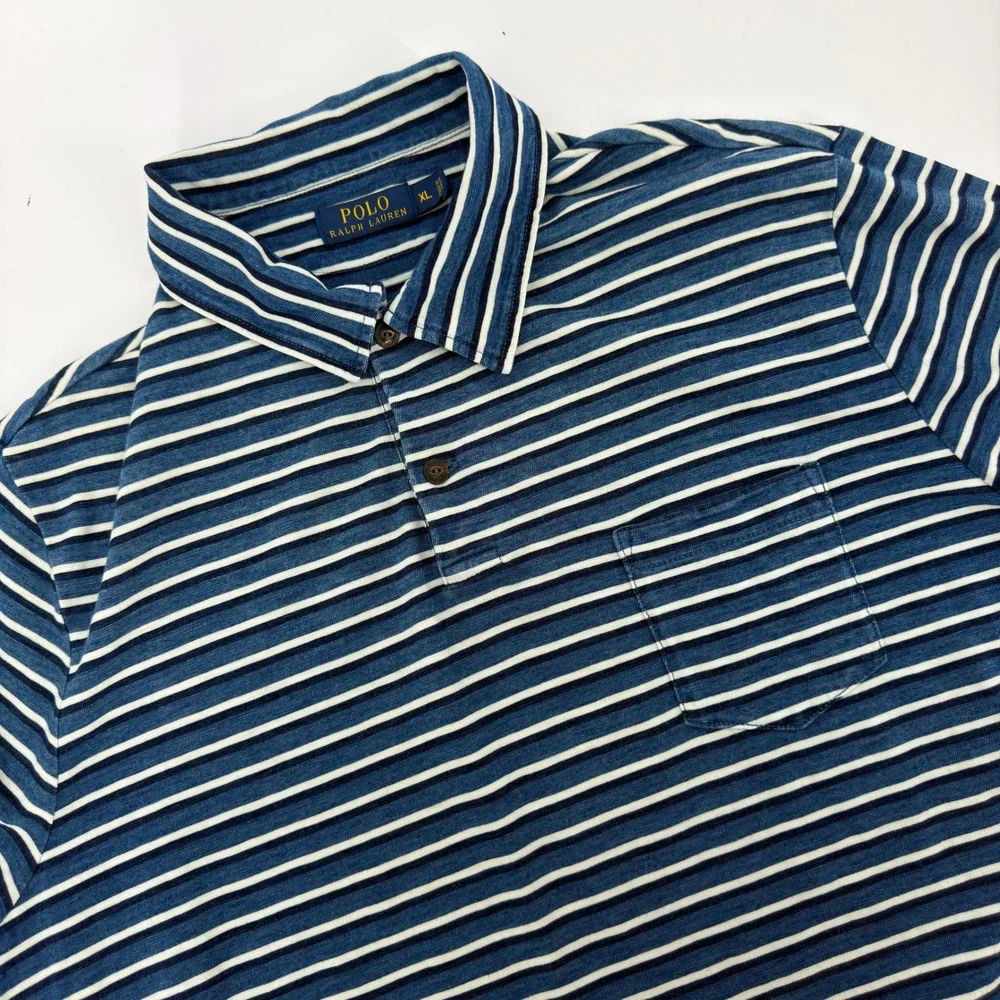 NWOT Polo Ralph Lauren Men XL Blue White Striped Cotton Jersey Pocket Polo Shirt
